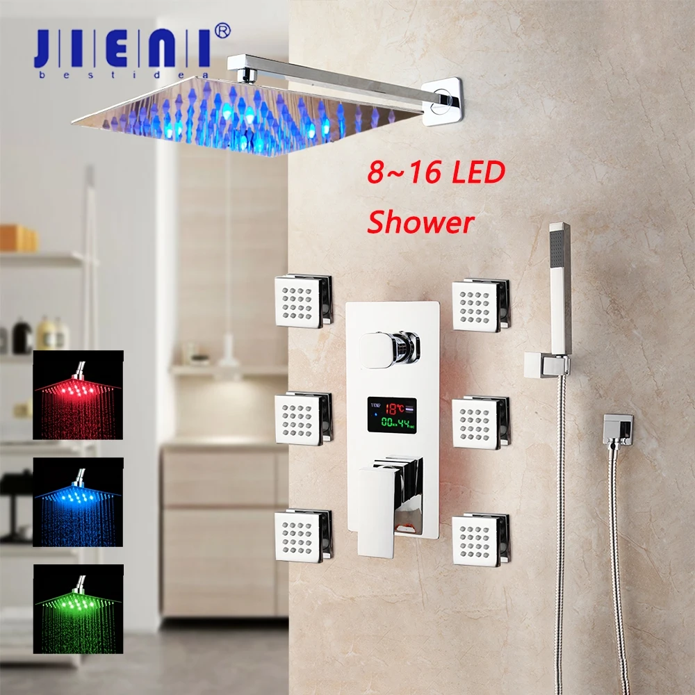 

JIENI 8~16 Inch LED Bathroom Shower Set Faucet Square Chrome Brass Message Jets Digital Display Rainfall Kit Hand Shower Set