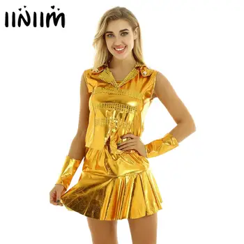 Women Adult Shiny Metallic Jazz Hip Hop Street Dancewear Stage Performance Dance Outfits Top with Ruffled Short Skirt Wristbands
Women Adult Shiny Metallic Jazz Hip Hop Street Dancewear Stage Performance Dance Outfits Top with Ruffled Short Skirt Wristbands