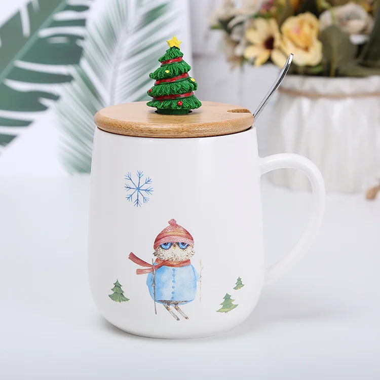 christmas tree mug cute cartoon snowman milk coffee cup with lid