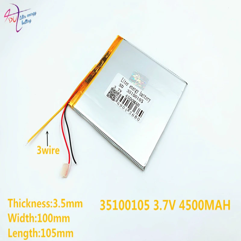 3 line Liter energy battery 4500mAH 3.7V 35100105 (polymer lithium ion ) Li-ion for tablet pc 7 inch 8 9
3 line Liter energy battery 4500mAH 3.7V 35100105 (polymer lithium ion ) Li-ion for tablet pc 7 inch 8 9