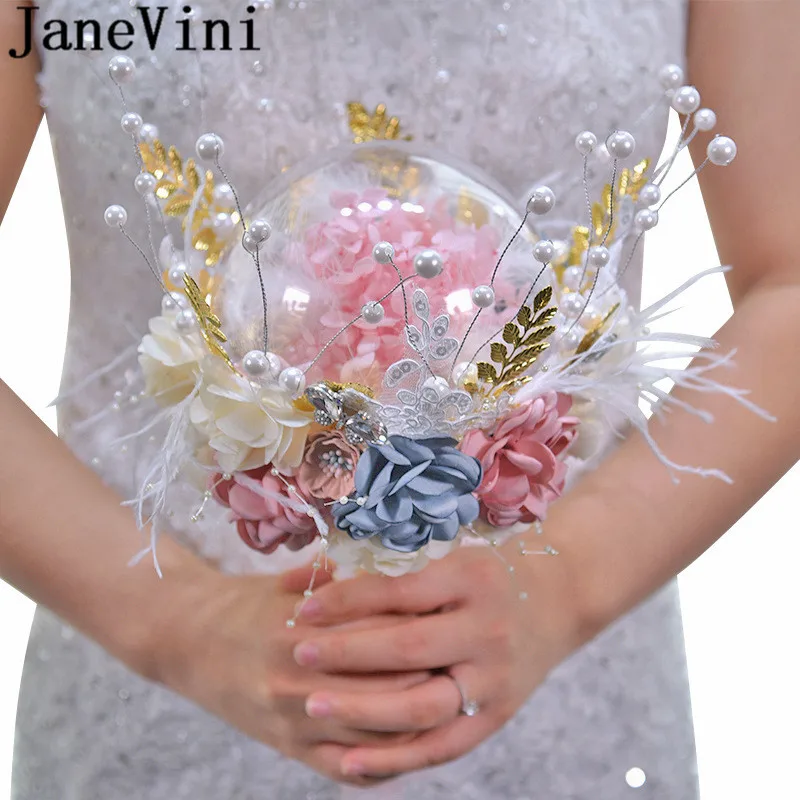 JaneVini роскошный свадебный букет из перьев и жемчуга искусственные розовые цветы