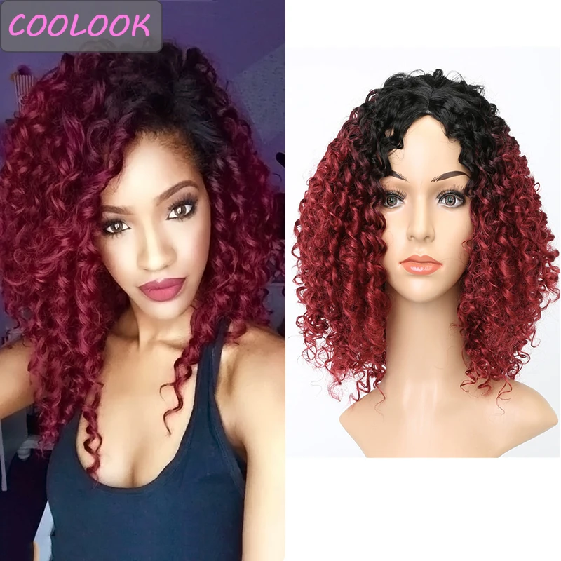 14 Inches Short Curly Bob Wigs for Black Women Ombre BUG Afro Kinky Wig Middle Part Synthetic False Hair Cosplay Curls | Шиньоны и
