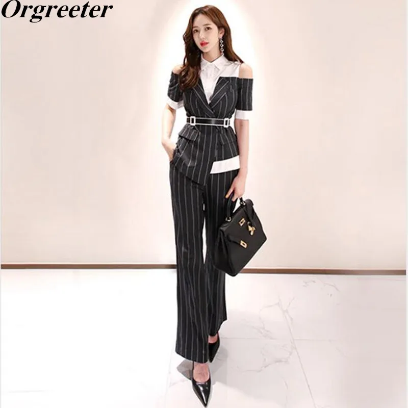 2020 Summer New Office lady Striped Two piece set Patchwork Lapel Off shoulder Short Sleeve Shirt and Pants Suits With Belt |