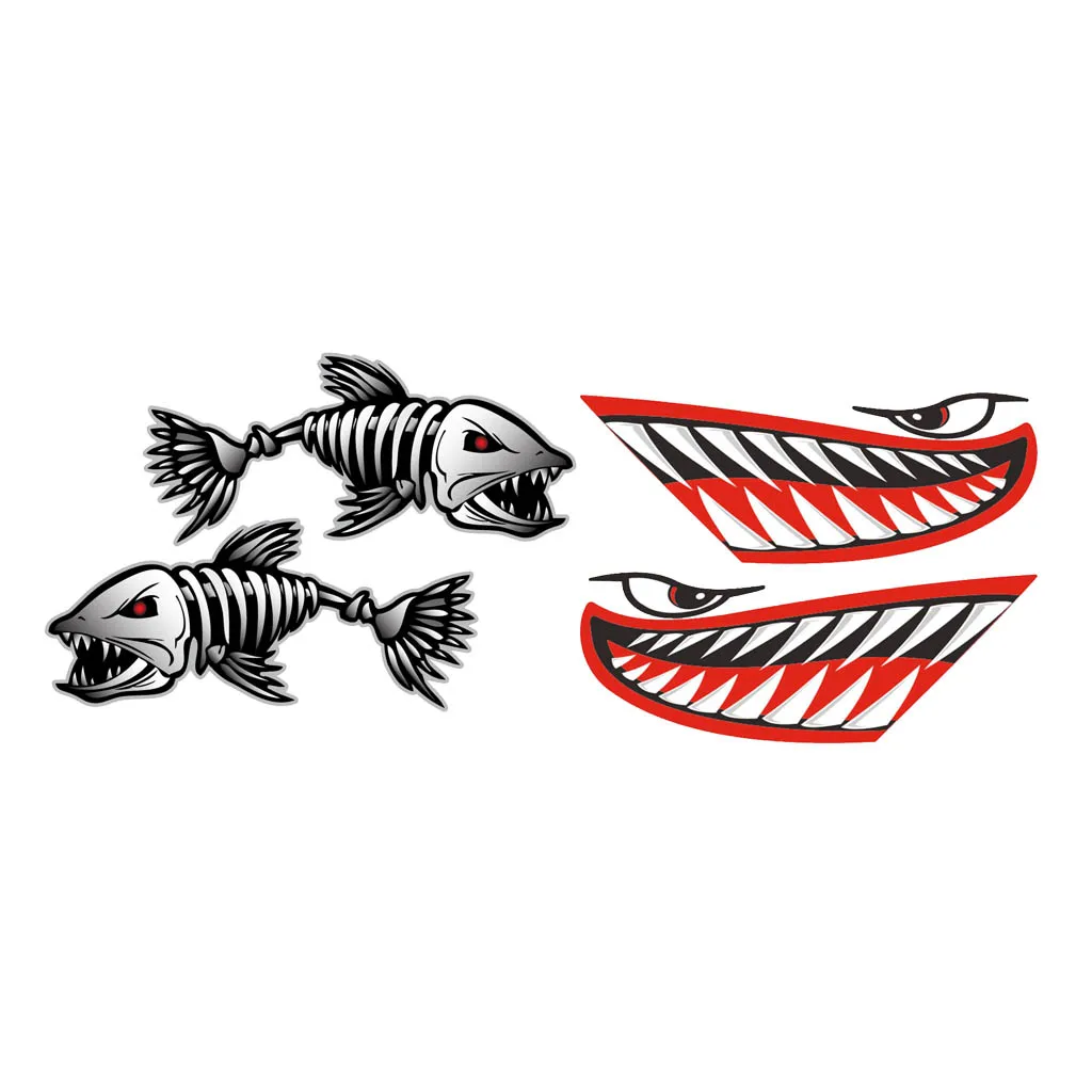2x Fish Skeleton + 2x Shark Mouth Teeth Decals Kayak Ocean Boat DIY Stickers - Waterproof & Durable 2x Fish Skeleton + 2x Shark Mouth Teeth Decals Kayak Ocean Boat DIY Stickers - Waterproof & Durable