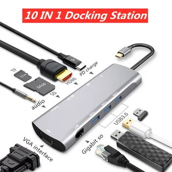 Type C Docking Station 10 in 1 USB-C HUB Thunderbolt 3 USB3.0 HDMI VGA RJ45 PD SD/TF Audio Adapter For MacBook Samsung Dock
Type C Docking Station 10 in 1 USB-C HUB Thunderbolt 3 USB3.0 HDMI VGA RJ45 PD SD/TF Audio Adapter For MacBook Samsung Dock