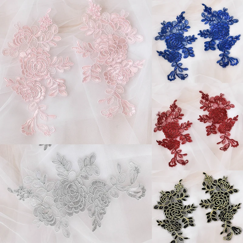 

3Pairs 25X13cm Delicate Wedding Veil Head Ornaments Rose Lace Applique Lace Trim Dress DIY Lace Accessories White Red Blue