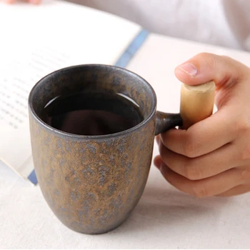 

Creative Japanese Ceramic Coffee Mug Tumbler Rust Glaze With Wooden Handle Tea Milk Beer Water Cup Home Office Drinkware 300ML