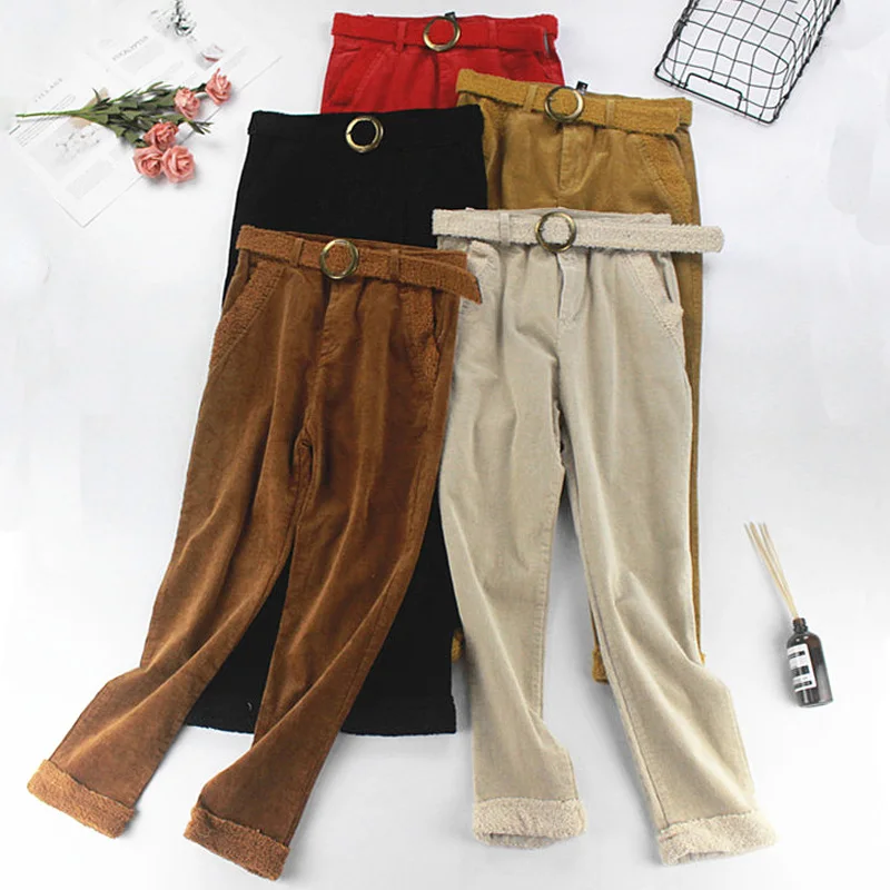 

Autumn Sashes Thick Corduroy Pants Women High Waist Warm Casual Female Harem Pants 2019 Winter Ankle-length Pants