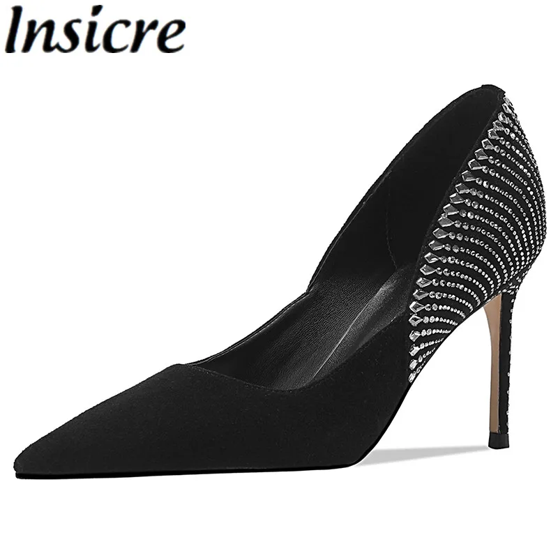 

Insicre Kid Suede Crystal Pointed Toe Women Pumps Rose Red Shallow Thin High Heels Shoes 2021 Sexy Party Size 40