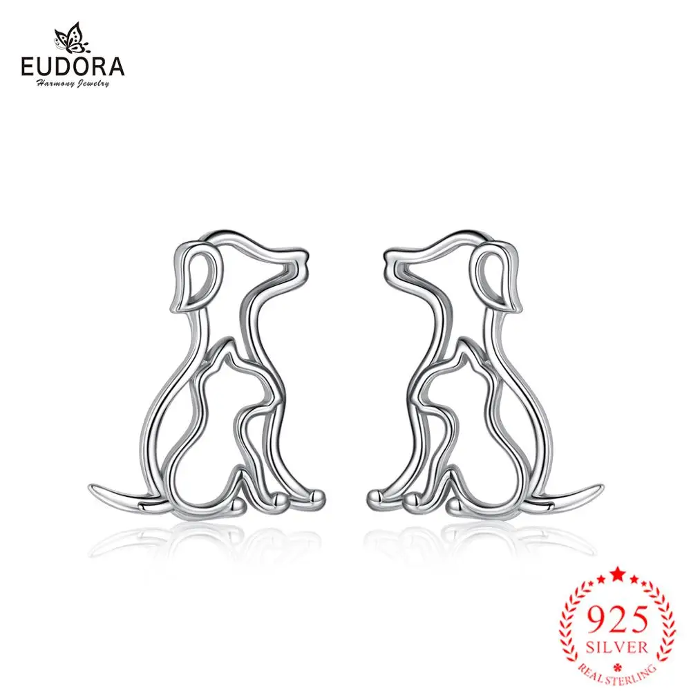 Eudora 925 Sterling Silver Animal Dog Cat Stud Earrings for Women Cute Earring Fine Fahion Jewelry gift CYE99 | Украшения и