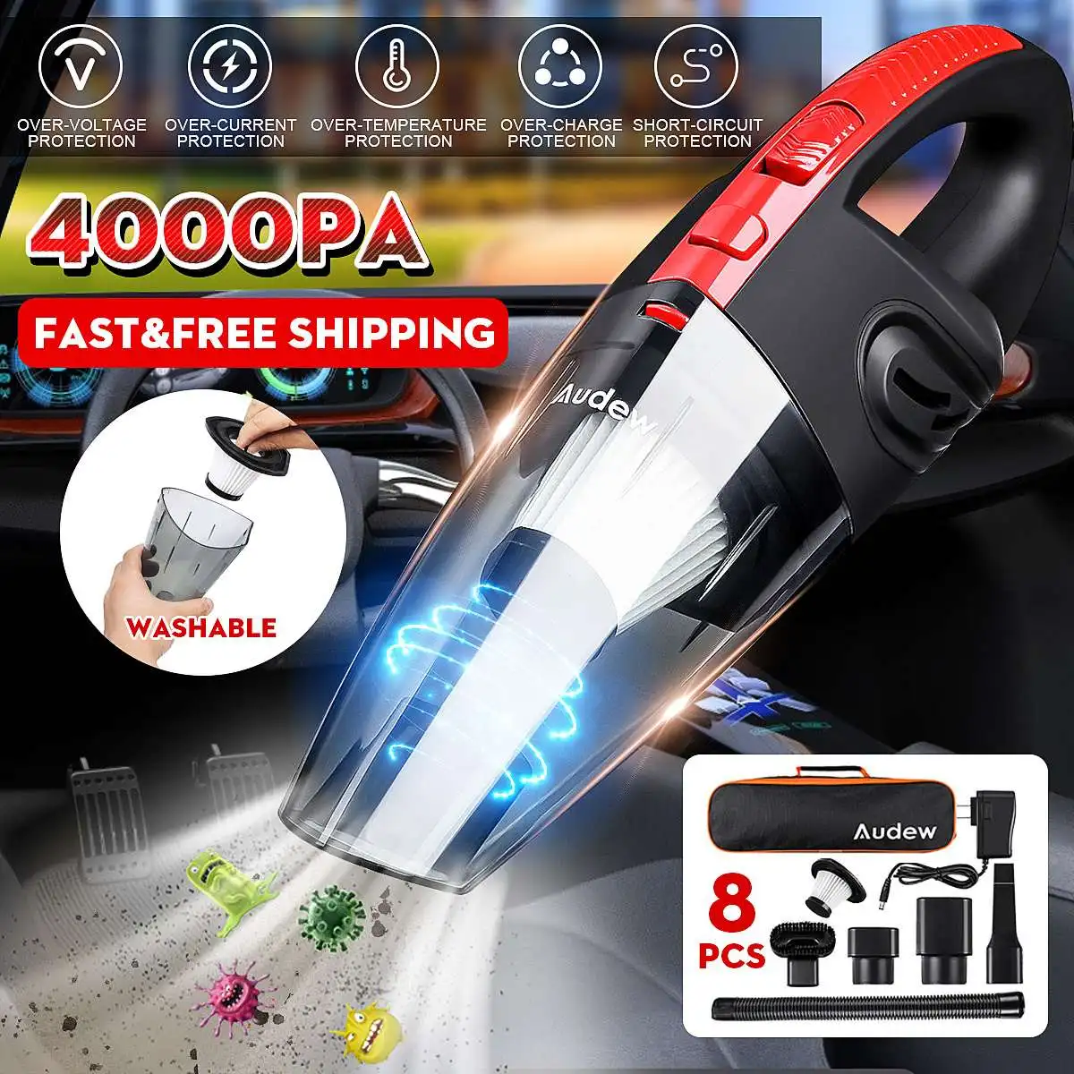 Handheld Home Vacuum Cleaner HEPA Filter Mini Portable Rechargeable Cordless Wet Dry Use 2200mAh AUDEW 120W 4000pa Handheld Home Vacuum Cleaner HEPA Filter Mini Portable Rechargeable Cordless Wet Dry Use 2200mAh AUDEW 120W 4000pa