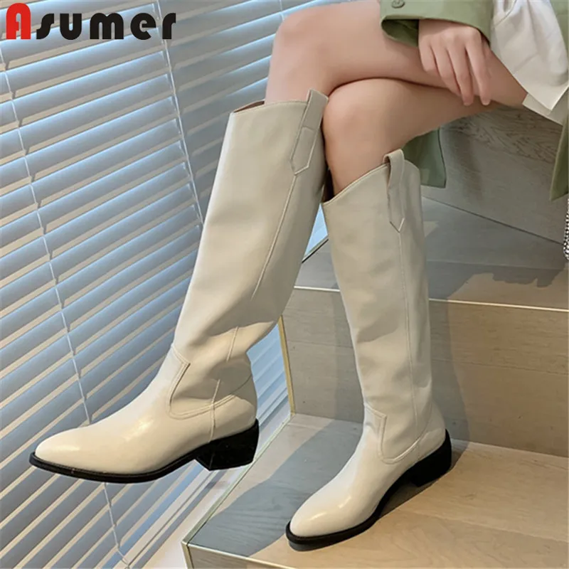 Женские ковбойские сапоги ASUMER, из натуральной кожи, до колена, с острым носком, на молнии, осень 2021
Женские ковбойские сапоги ASUMER, из натуральной кожи, до колена, с острым носком, на молнии, осень 2021