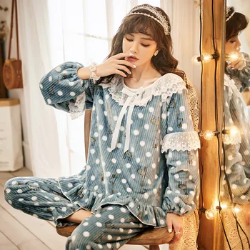 Korean Cute Two Piece Soft Pajamas Lace Flannel Sleepwear Winter Pj Woman Blue Dot Long Sleeve Pijamas Women Nightwear Pyjamas
Korean Cute Two Piece Soft Pajamas Lace Flannel Sleepwear Winter Pj Woman Blue Dot Long Sleeve Pijamas Women Nightwear Pyjamas