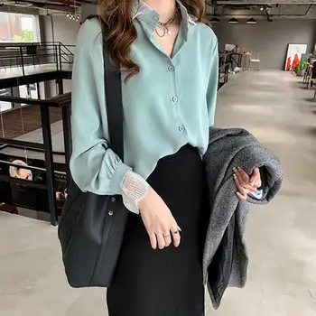 Spring Chiffon Blouse Women Elegant Lapel Neck Lace Pacthwork Shirts Office Work Blusas Long Sleeve Buttons Tops Solid Blouses
Spring Chiffon Blouse Women Elegant Lapel Neck Lace Pacthwork Shirts Office Work Blusas Long Sleeve Buttons Tops Solid Blouses