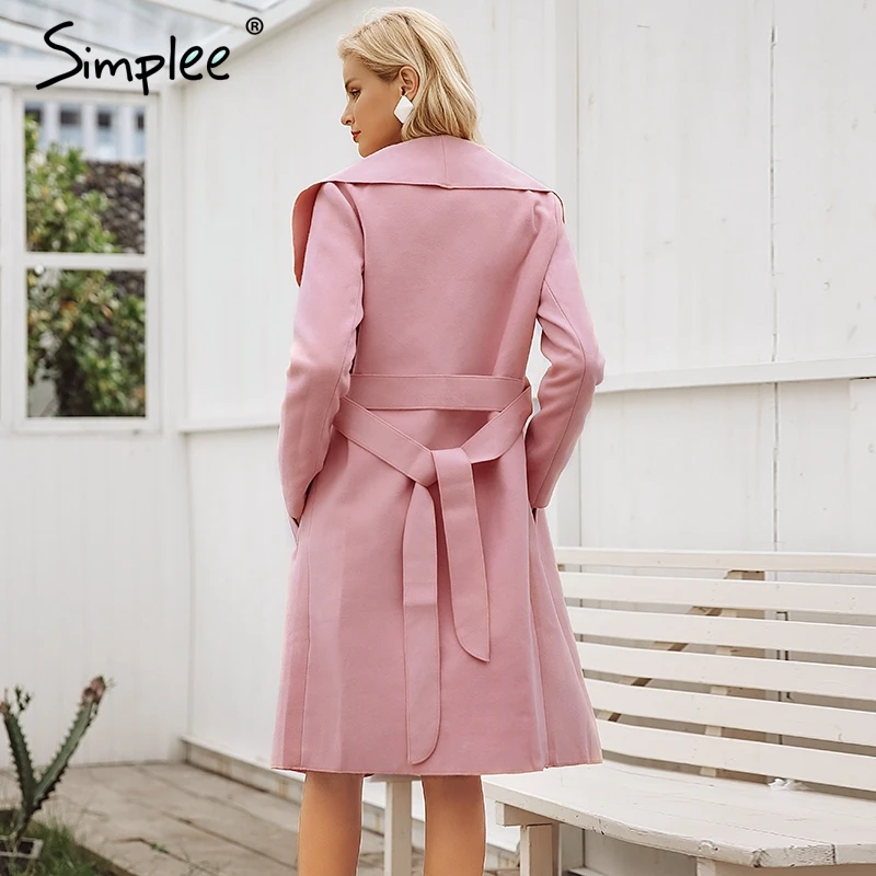 Женское розовое пальто Simplee элегантное из искусственной кожи с отложным
