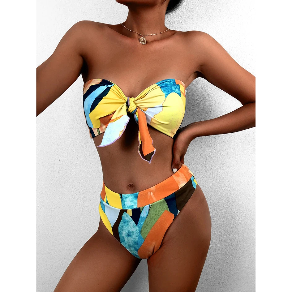 

Sexy Knot Bandeau Bikinis 2021 Swimsuit Women Swimwear Female High Waist Bikini Set Swimming for Bathing Suit Women's Swimsuits