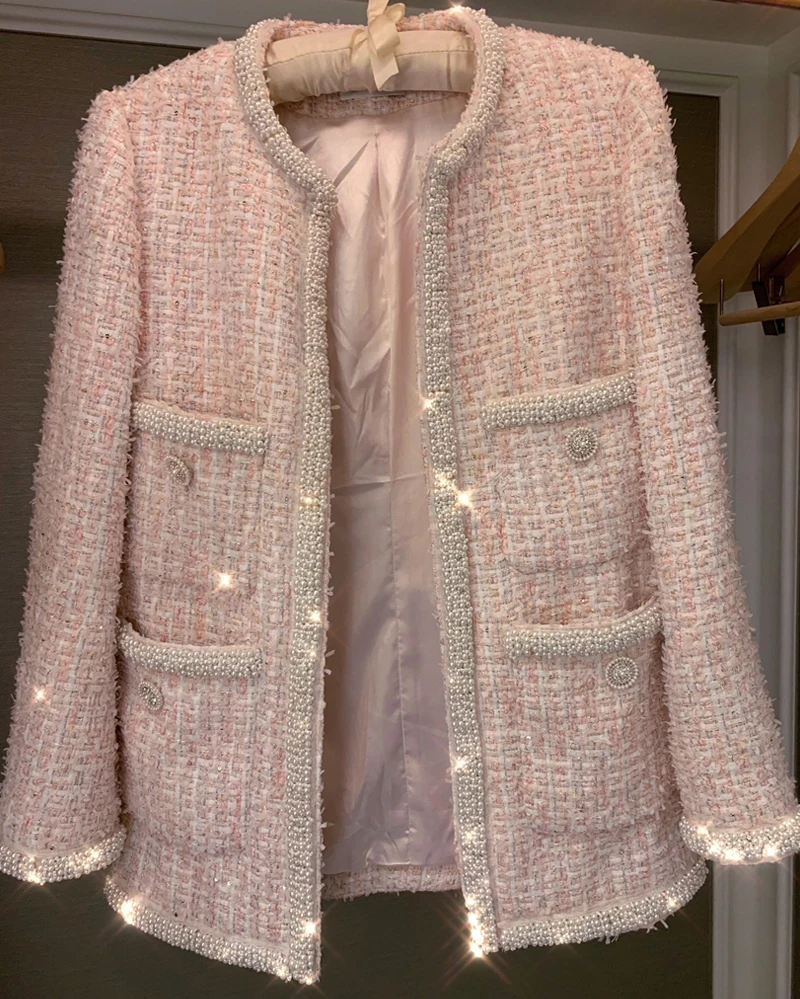 Brand Fashion Women's High-end Luxury Autumn Elegant Slim Ladies Pink Tweed Handmade Pearl Coat
Brand Fashion Women's High-end Luxury Autumn Elegant Slim Ladies Pink Tweed Handmade Pearl Coat