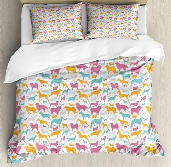

Dogs Duvet Cover Set Silhouettes of Various Breeds Labrador Beagle Bulldog Poodle Chihuahua Boxer Print Decorative 3 Piece Bed