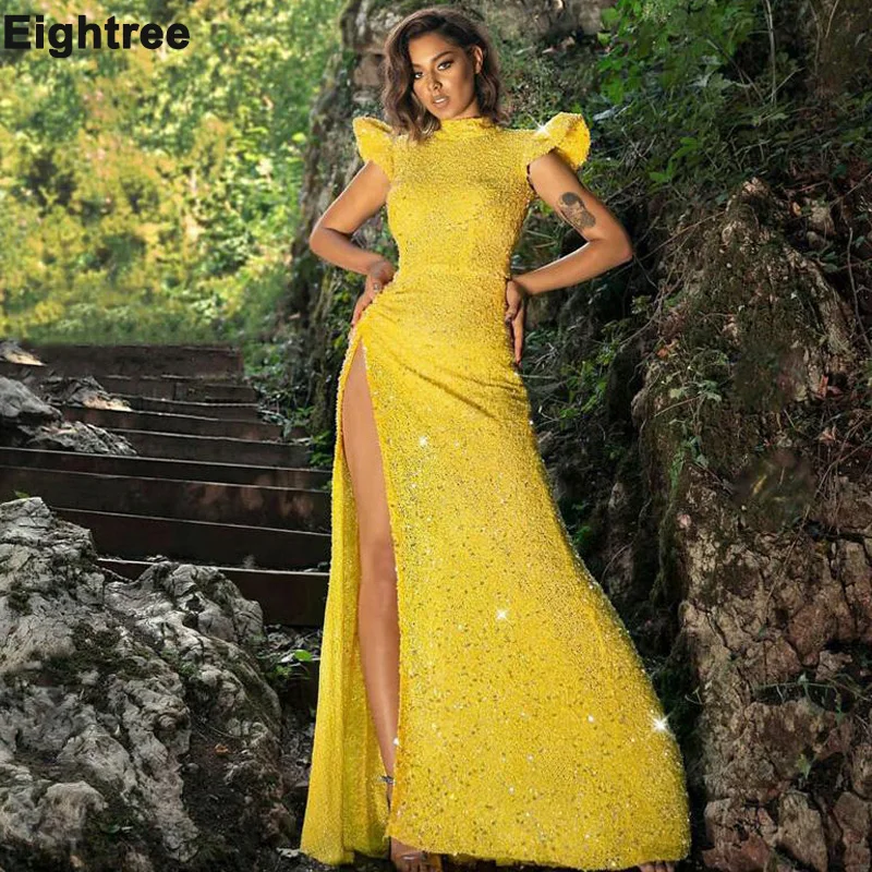Eightree Glitter Sequined Prom Dresses Yellow High Collar Short Sleeve Mermaid Evening Gowns Sequins Split Custom Formal Dress
Eightree Glitter Sequined Prom Dresses Yellow High Collar Short Sleeve Mermaid Evening Gowns Sequins Split Custom Formal Dress