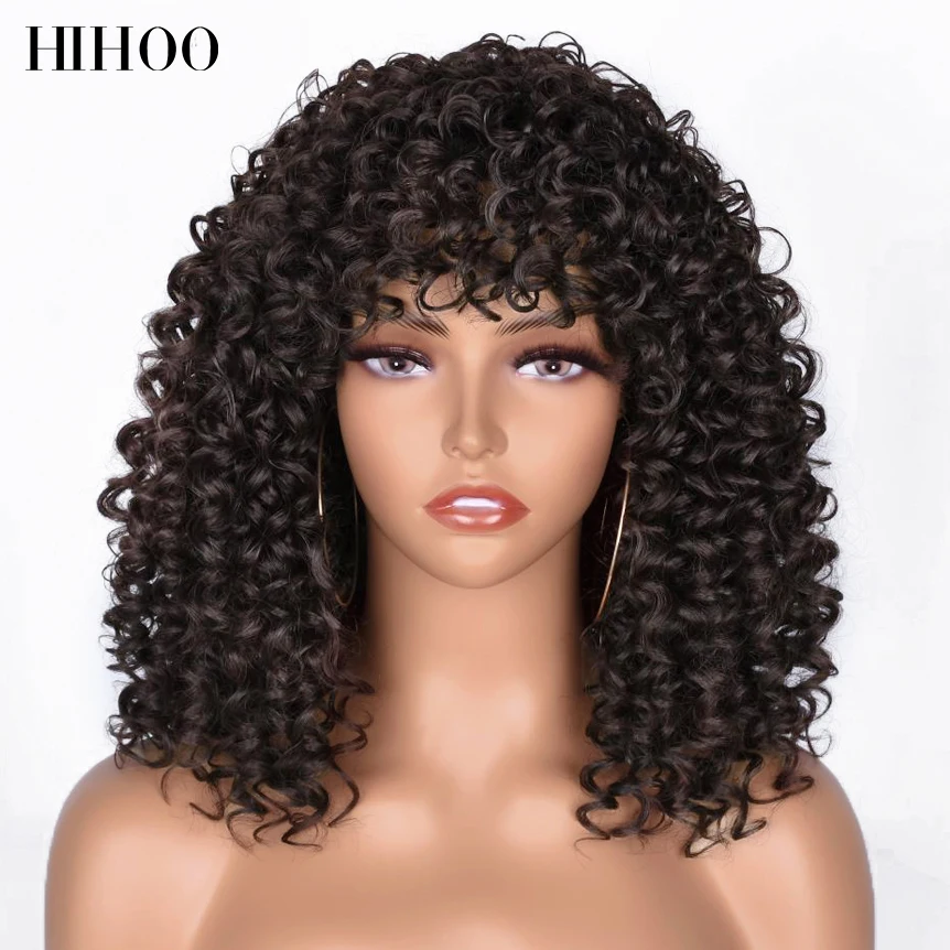 Фото Афро кудрявые короткие волосы парики с челкой для чернокожих женщин