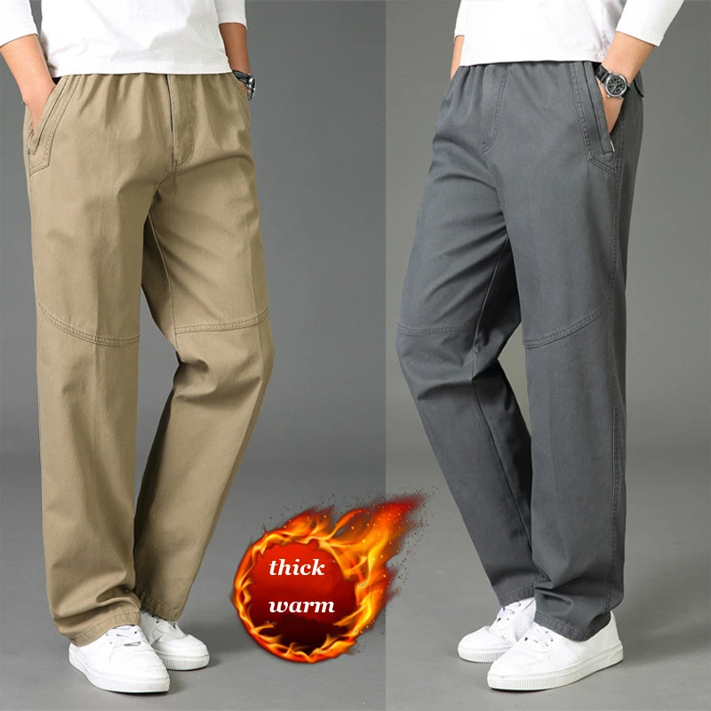 

Autumn Winter Men's Casual Pants Thickened Cotton Washed Middle-aged Elderly Trousers Male Father's High Waist Loose Straight