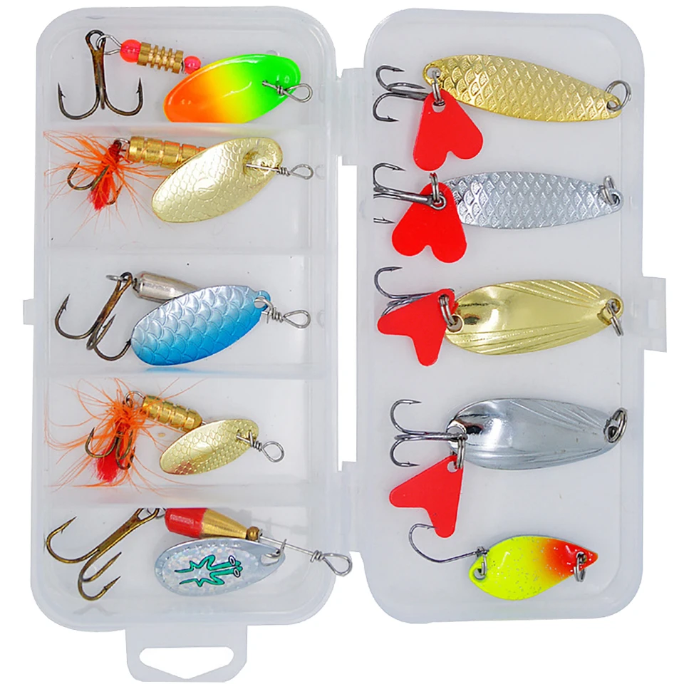 

10PCS 3g-12g Spinner Fishing Lure Set With Box Sequins Metal Baits Treble Hooks Japan Artificial Hard Bait Pike Fishing Tackle