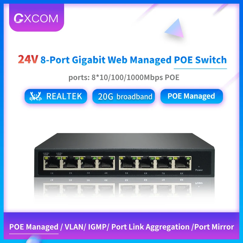 24V 8-Порты и разъёмы гигабитный управляемый коммутатор питания через Ethernet
