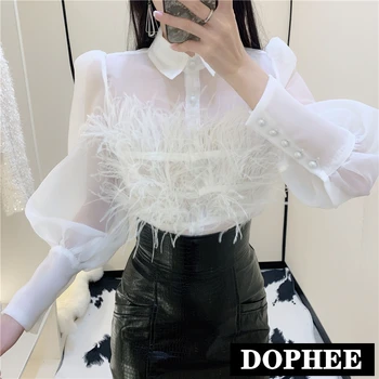 New 2020 Spring Bubble Sleeve Ostrich Feather Stitching Organza Transparent Shirt Women Long Sleeve Blouses Slim Tops
New 2020 Spring Bubble Sleeve Ostrich Feather Stitching Organza Transparent Shirt Women Long Sleeve Blouses Slim Tops