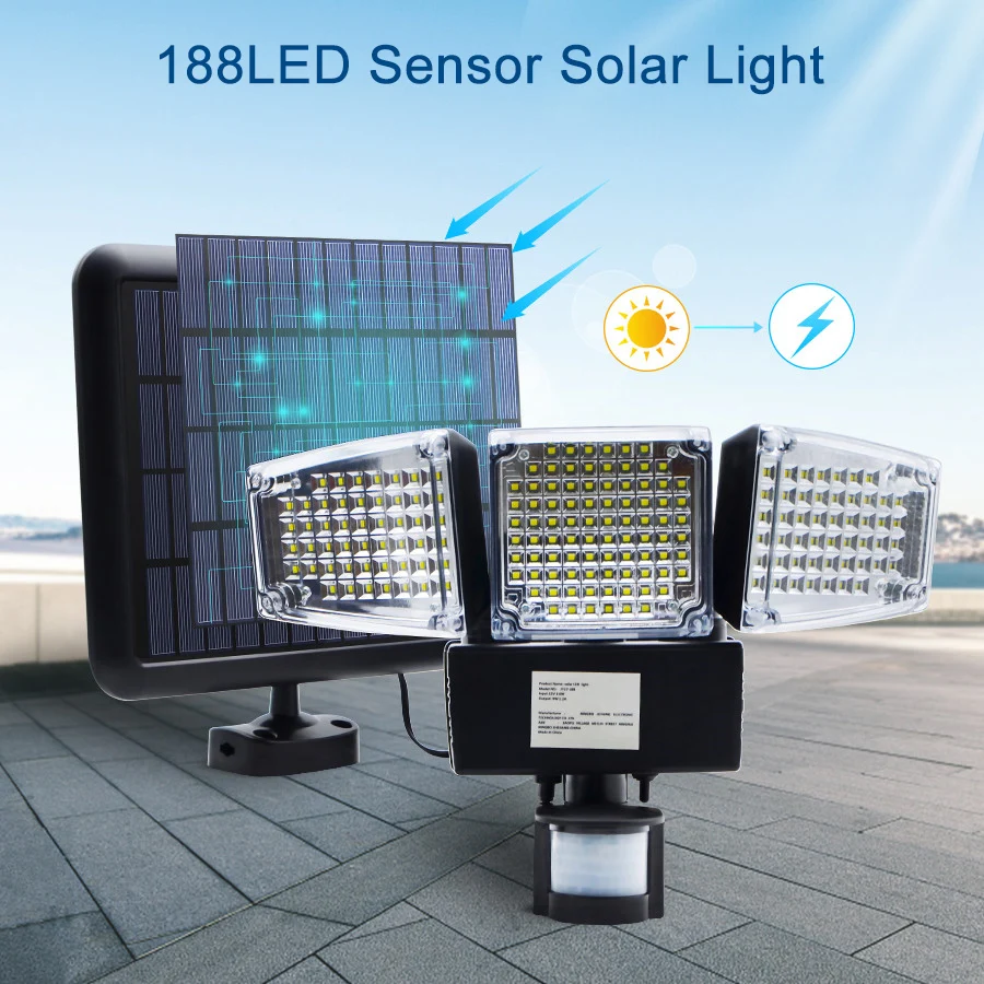 188 LED Solar Light PIR Motion Sensor Security Flood Light Outdoor Lamp Waterproof Solar Emergency Night Lamps Wall Spotlight
188 LED Solar Light PIR Motion Sensor Security Flood Light Outdoor Lamp Waterproof Solar Emergency Night Lamps Wall Spotlight