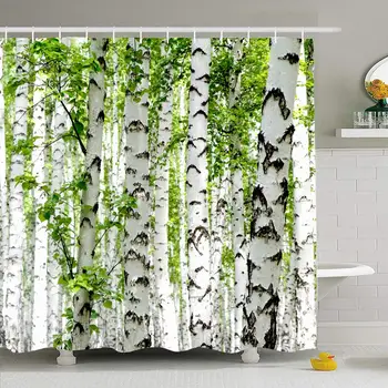 

Shower Curtain Set with Hooks 66x72 Branch White Scenic Birch Tree Trees Park Plant Stem Forest Summer Nature Parks Grow Outdoor