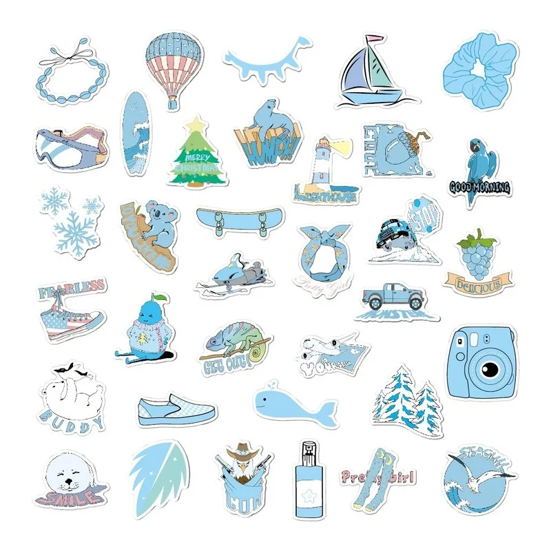 

2Set = 70pcs Blue Small Fresh Vsco Sticker Personalized Doodle Suitcase Waterproof Sticker