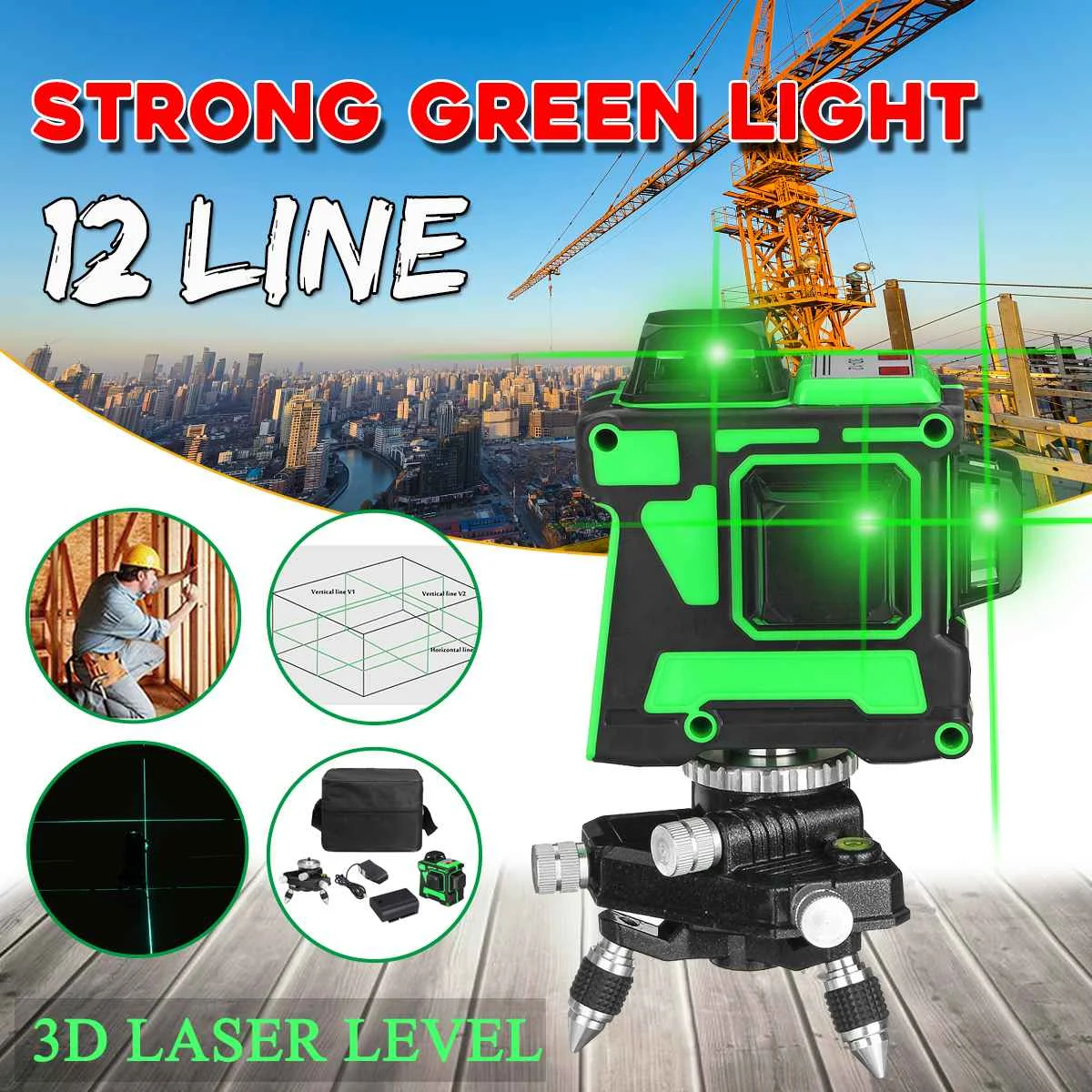 Фото Лазерный уровень 3D Зеленый 12 линий профессиональный самонивелирующийся 360