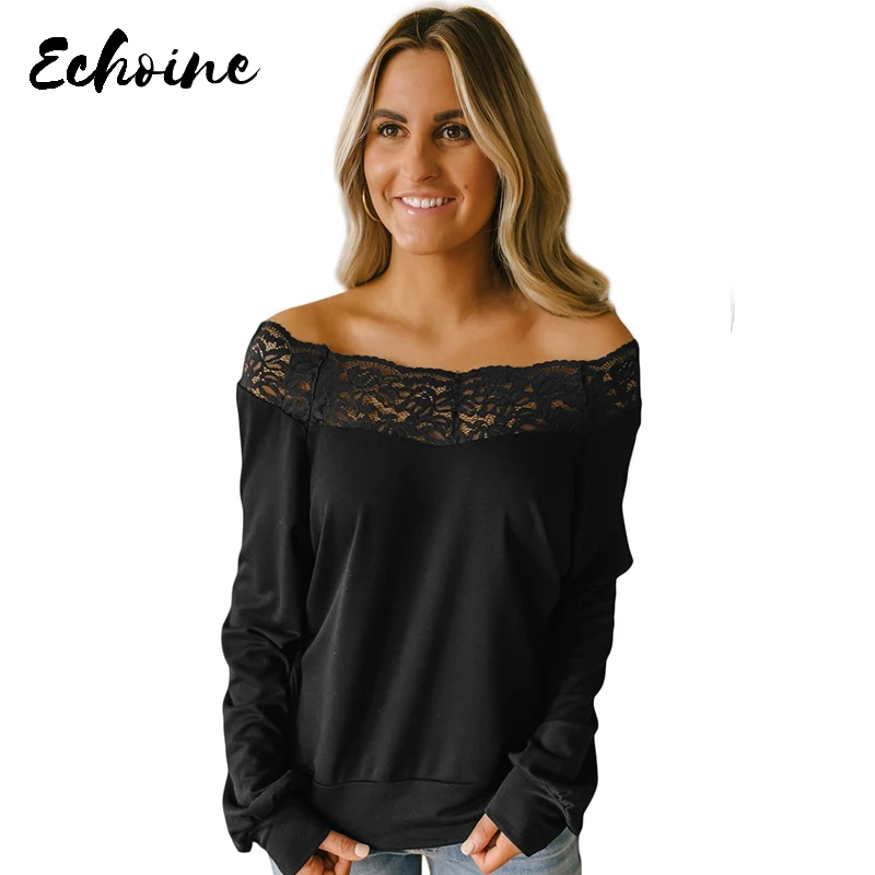 

Echoine Fashion Women Off Shoulder Top Long Sleeve Pullover Casual Blouse Green/Black/Gray Lace Detail Boatneck Lady Tops Blouse