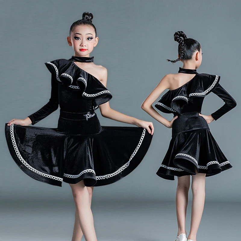 

Женское платье для латиноамериканских танцев, черное бархатное платье с оборками на рукавах, одежда для выступлений и танцев, SL5826, 2023