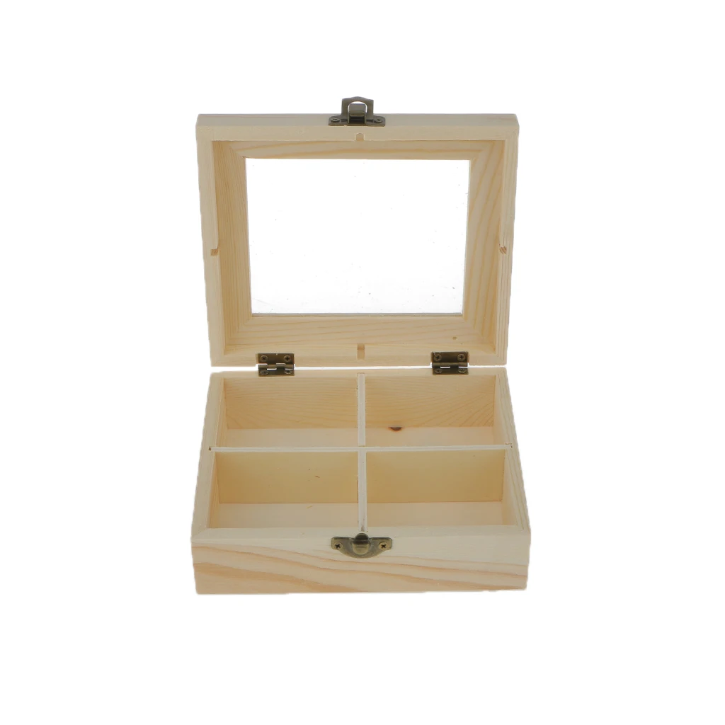 Natural 4 Grids Unpainted Wood Jewelry Storage Box Chest Case With Glass Lid Natural 4 Grids Unpainted Wood Jewelry Storage Box Chest Case With Glass Lid