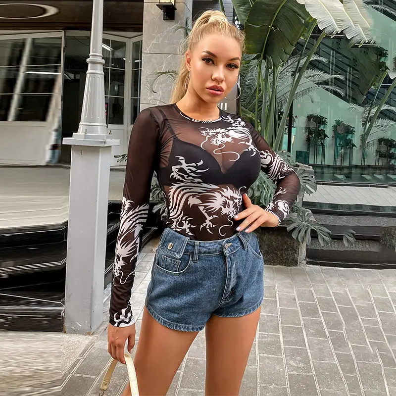 Sexy Women T Shirt See Through Transparent Mesh Top Autumn Winter O Neck Elasticity Print Full Sleeve T shirt For Women 2020 New
Sexy Women T Shirt See Through Transparent Mesh Top Autumn Winter O Neck Elasticity Print Full Sleeve T shirt For Women 2020 New