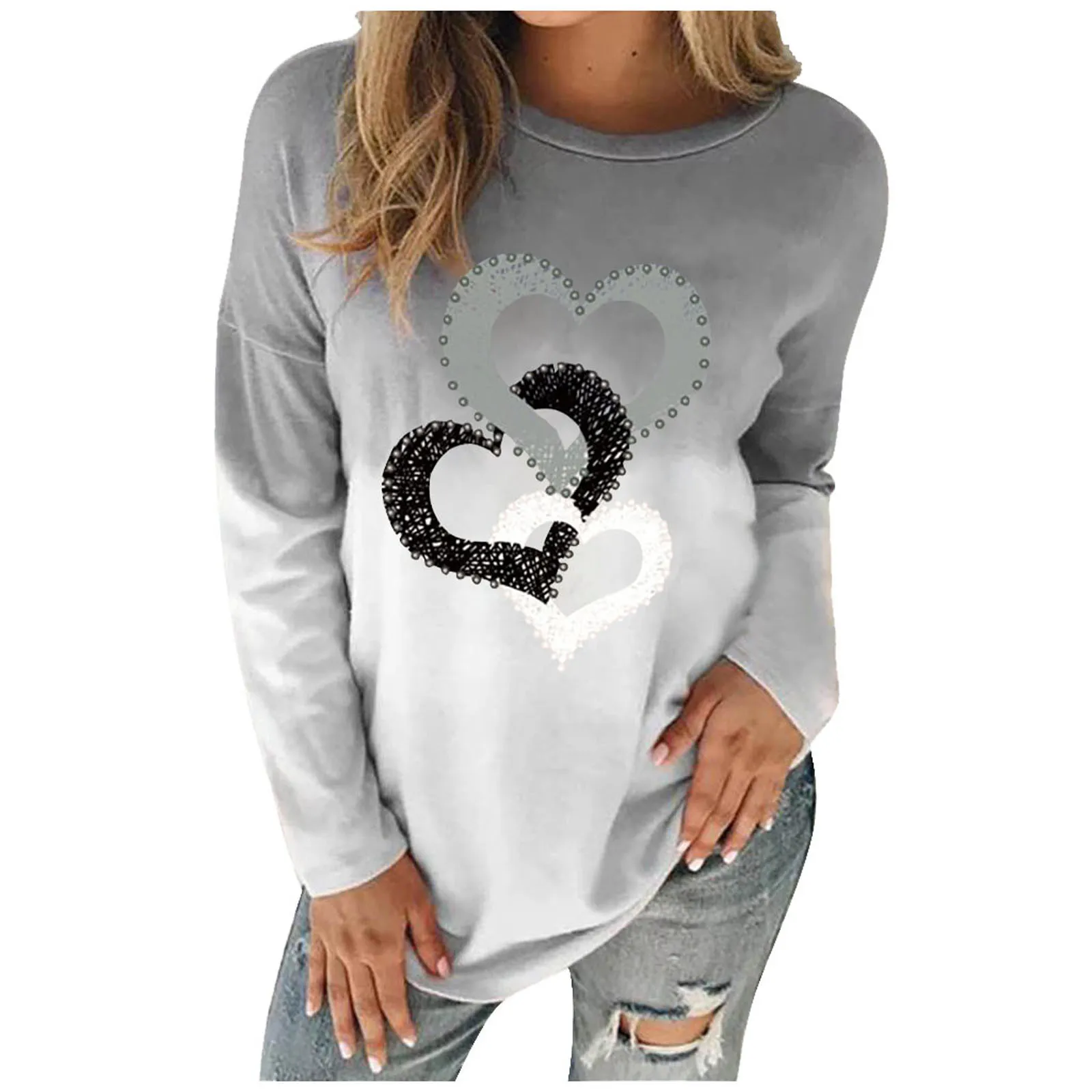 Multi Color Long Sleeve Printed Women Shirt Gradient Heart Print T Shirt Women Long Sleeve O-neck Pullover Tops Ladies T-shirt