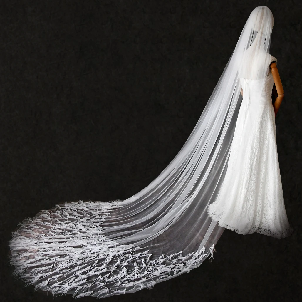 

V22 3M Long Pretty Cathedral Wedding Veils with Feather White Ivory Handmade Bride Marriage Tulle for Women Headband with Veil