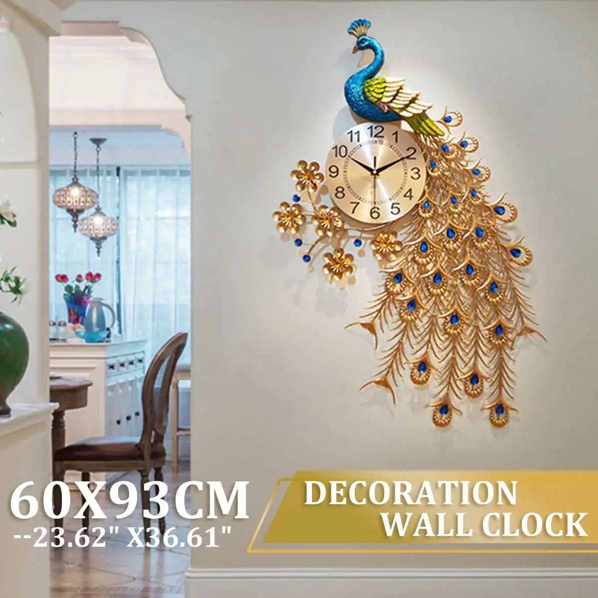 93x60cm Peacock Quartz Wall Clock European Modern Simple Personality Creative Living Room Decorated Bedroom Silent Watch | Дом и сад