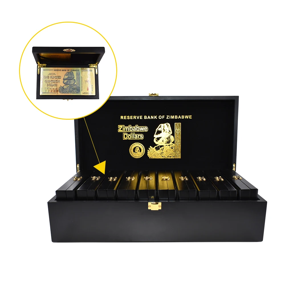 Zimbabwe Gold Banknotes 100 Quintillion Dollars 24k Gold Plated Fake Money Bills Note with Wooden Box for Christmas Present
Zimbabwe Gold Banknotes 100 Quintillion Dollars 24k Gold Plated Fake Money Bills Note with Wooden Box for Christmas Present