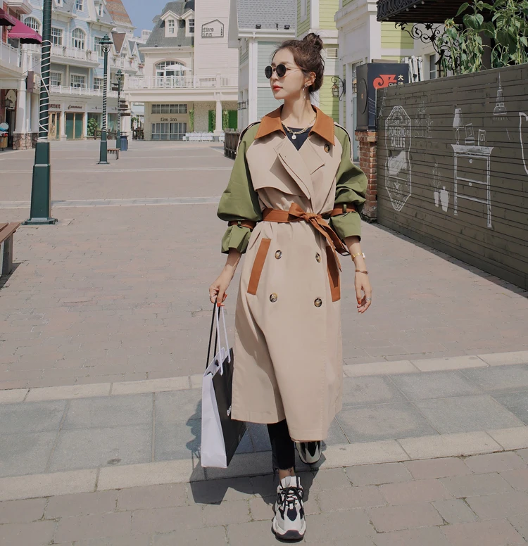 Brand New Fashion Womens Trench Coat Colorblock Long Double-Breasted with Belt Lady Windbreaker Spring Autumn Outerwear Clothes