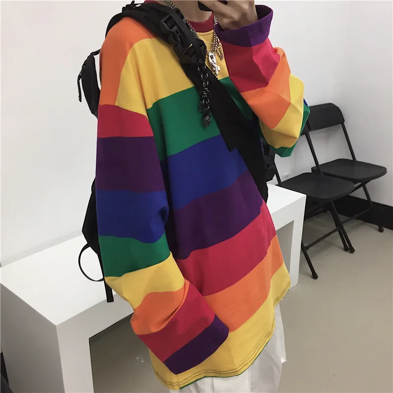 

Women's Clothing Long-Sleeved T-Shirt Autumn New 4XL Korean Version Of Rainbow Stripes Loose Casual Oversized Street Hip-Hop Top