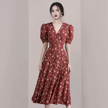 Summer New Women V-Neck Floral Dresses Elegant Puff Sleeve Single-Breasted Casual Printed Chiffon Dress Fashion Holiday Dresses
Summer New Women V-Neck Floral Dresses Elegant Puff Sleeve Single-Breasted Casual Printed Chiffon Dress Fashion Holiday Dresses