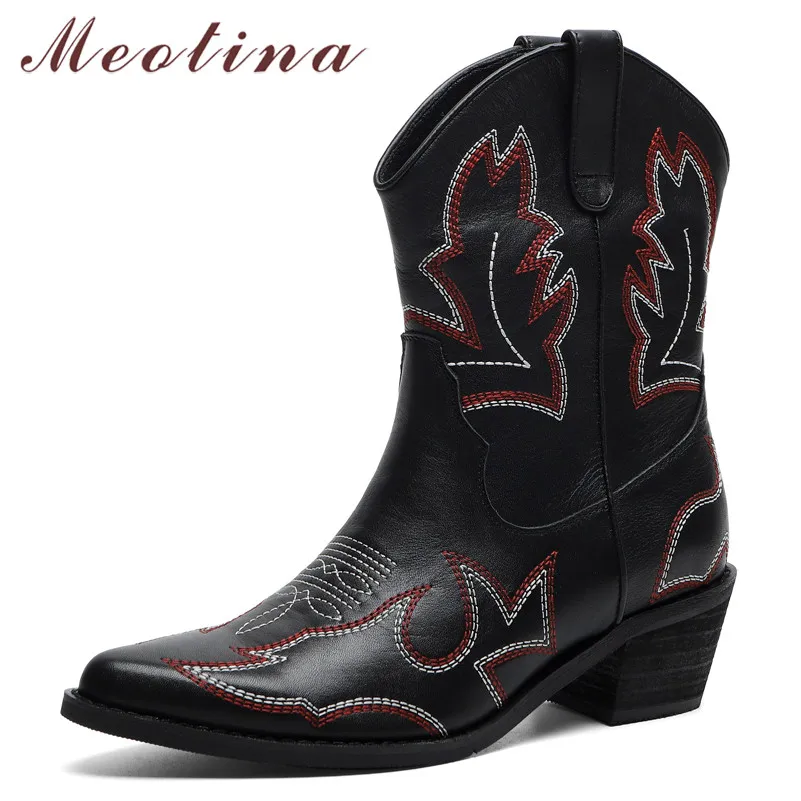 Meotina Autumn Western Boots Women Natural Genuine Leather Block High Heels Short Boots Embroider Pointed Toe Shoes Ladies 34-39
Meotina Autumn Western Boots Women Natural Genuine Leather Block High Heels Short Boots Embroider Pointed Toe Shoes Ladies 34-39