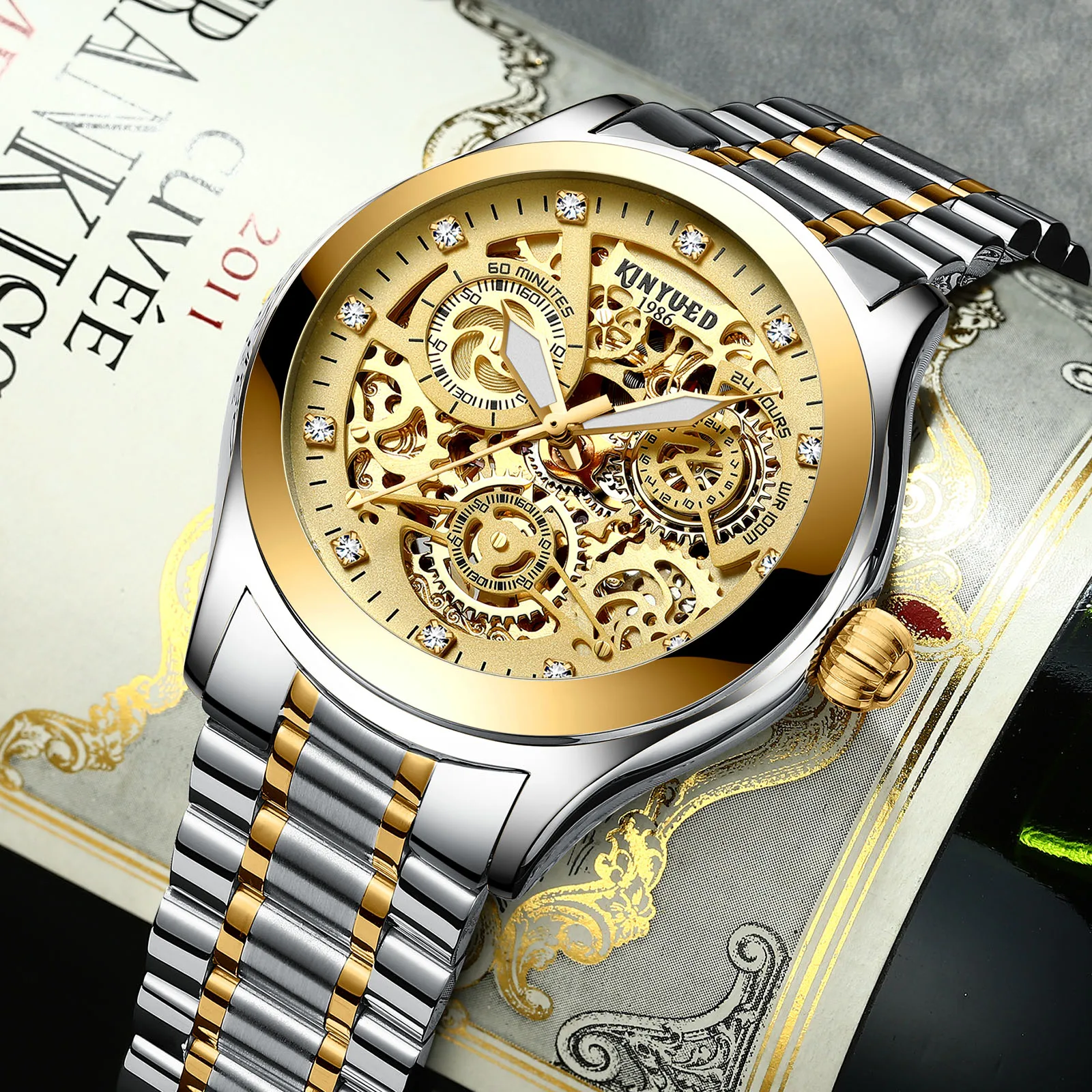 Фото Золотые автоматические механические часы мужские Водонепроницаемые турбийон