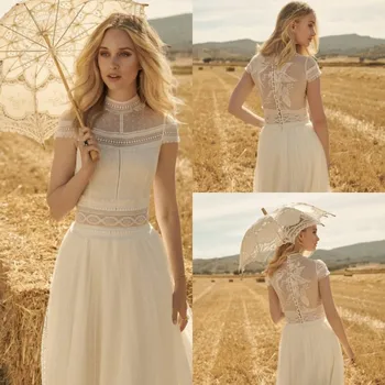 2020 Bohemian Wedding Dress High Neck Short Sleeve Lace Appliqued Country Beach Boho Covered Button Bridal Gowns
2020 Bohemian Wedding Dress High Neck Short Sleeve Lace Appliqued Country Beach Boho Covered Button Bridal Gowns
