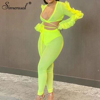 Simenual Mesh See Through Sexy Bandage Matching Set Women V Neck Long Sleeve Party Club Two Piece Outfit Crop Top And Pants Sets
Simenual Mesh See Through Sexy Bandage Matching Set Women V Neck Long Sleeve Party Club Two Piece Outfit Crop Top And Pants Sets