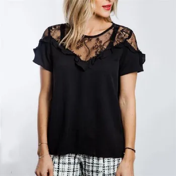 Fashion Women Ruffles Lace Top Elegant Short Sleeve Summer Blouse Mesh hollow out Tee Ladies Party blusas femininas elegante 
Fashion Women Ruffles Lace Top Elegant Short Sleeve Summer Blouse Mesh hollow out Tee Ladies Party blusas femininas elegante