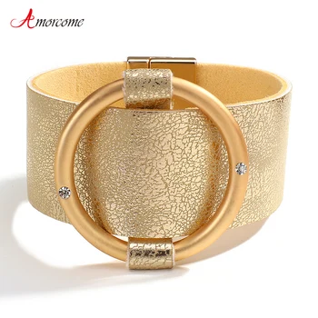 Amorcome Simple Wide Wrap Gold Color Leather Bracelets for Woman Circle Round Charm Magnet Clasp Bracelet Fashion Female Jewelry
Amorcome Simple Wide Wrap Gold Color Leather Bracelets for Woman Circle Round Charm Magnet Clasp Bracelet Fashion Female Jewelry