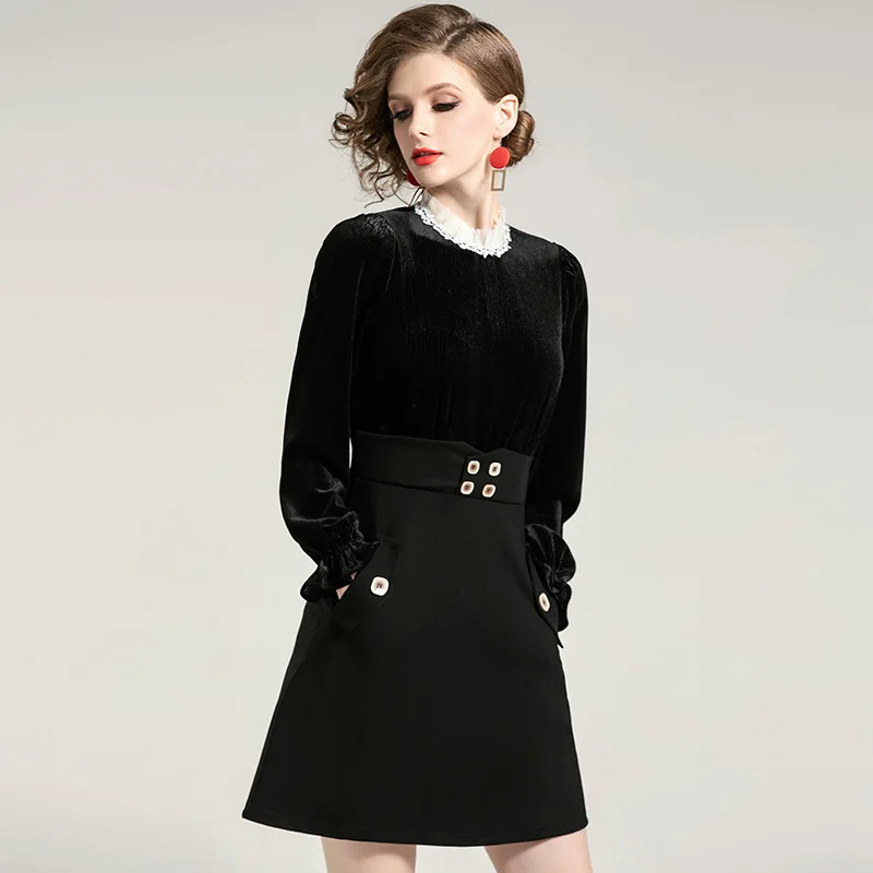 Women Dress New Arrival 2020 Spring Autumn Long Sleeves Stand collar Patchwork Velvet Fashion Slim A Line Dress Dress
Women Dress New Arrival 2020 Spring Autumn Long Sleeves Stand collar Patchwork Velvet Fashion Slim A Line Dress Dress